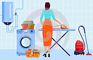 Cleaning house flat vector illustration, cartoon woman housekeeper character working, lady ironing clothes stack on iron