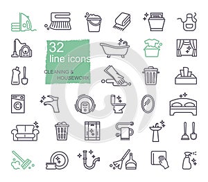 Cleaning and housework Icons, flat design, thin line style