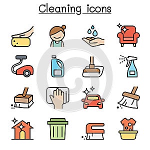 Cleaning and Hygiene color line icon set