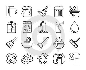 Cleaning icon. Cleaning and Household Supplies line icons set. Editable stroke.