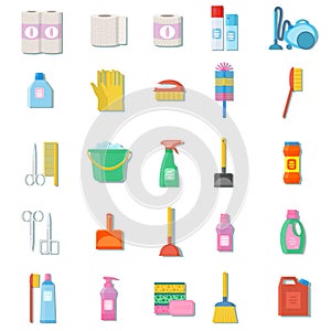 Cleaning icon set. Professional maid service, janitor supplies, home chores equipment collection.