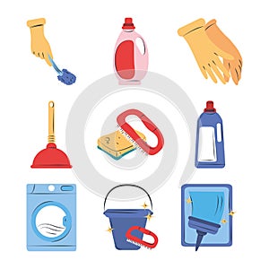 Cleaning icon set supplies equipment detergent brush glove washing machine bucket and sponge