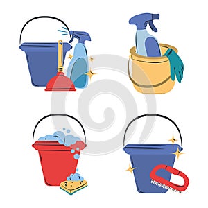Cleaning icon set toilet plunger bucket brush sponge glove supplies equipment