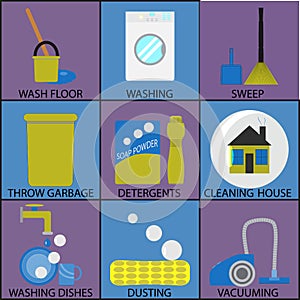 Cleaning icon set washing dusting and sweep