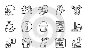 Cleaning icons set. Included icon as Dirty water, Clean hands, Washing machine. Vector