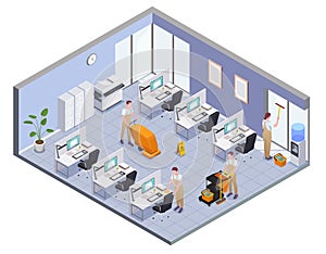 Cleaning isometric and colored composition with isolated office room and cleaners work vector