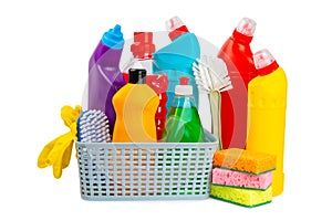 Cleaning items in a bucket isolated on a white background.