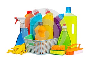 Cleaning items in a bucket isolated on a white background.