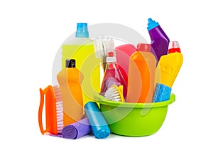 Cleaning items in a bucket isolated on a white background.