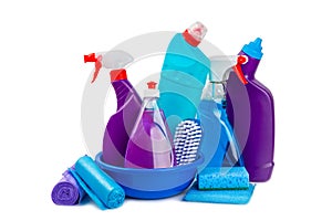 Cleaning items in a bucket isolated on a white background.