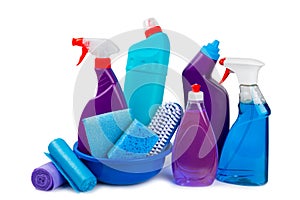 Cleaning items in a bucket isolated on a white background.