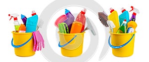 Cleaning items in a bucket isolated on a white background.