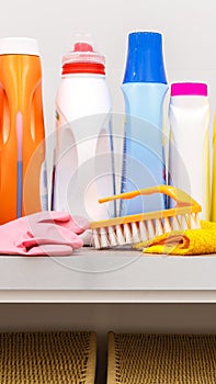 Cleaning items on the table in laundry room