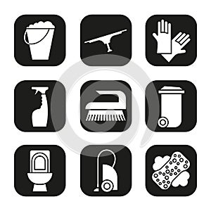 Cleaning items and tools icons set. Trash can, bucket, vacuum cleaner, spray, toilet, brush rubber gloves. Vector white