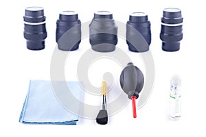 Cleaning kit for camera lenses on a white background, photograph