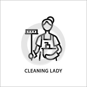 Cleaning lady line flat icon. Vector illustration woman with a mop and a basin. Maid