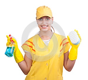 Cleaning lady in yellow uniform