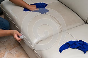 Cleaning leather sofa with sponge and towel