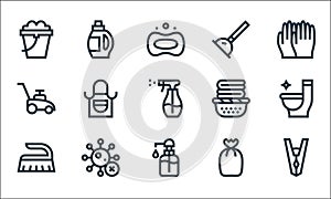 cleaning line icons. linear set. quality vector line set such as clip, hand wash, brush, garbage, virus, lawn mower, basket,