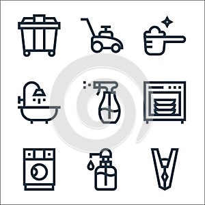 cleaning line icons. linear set. quality vector line set such as clip, hand wash, washing machine, dishwasher, spray, shower,