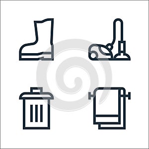 cleaning line icons. linear set. quality vector line set such as towel, trash bin, techonology
