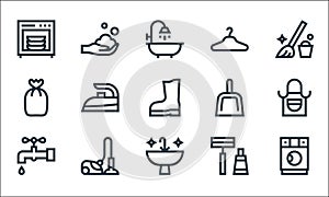 cleaning line icons. linear set. quality vector line set such as washing machine, clean, water tap, shaver, techonology, garbage,