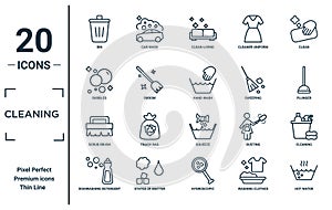 cleaning linear icon set. includes thin line bin, bubbles, scrub brush, dishwashing detergent, hot water, hand wash, cleaning