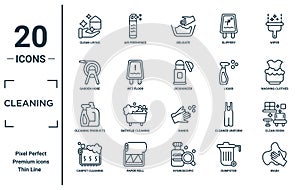 cleaning linear icon set. includes thin line clean-living, garden hose, cleaning products, carpet cleaning, wash, deodorizer,