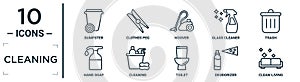 cleaning linear icon set. includes thin line dumpster, hoover, trash, cleaning, deodorizer, clean-living, hand soap icons for