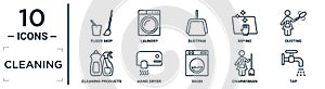 cleaning linear icon set. includes thin line floor mop, dustpan, dusting, hand dryer, charwoman, tap, cleaning products icons for