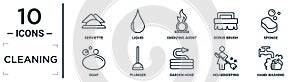 cleaning linear icon set. includes thin line serviette, oxidizing agent, sponge, plunger, housekeeping, hand washing, soap icons