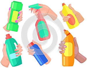 Cleaning liquid and spay icon flat vector. Plastic bottles of antiseptic substances, sanitizers set