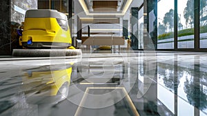 Cleaning machine in empty office lobby, shiny clean marble floor and yellow vacuum equipment in building hall. Concept of