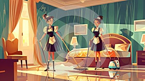 Cleaning maids or hotel room service cartoon modern illustration. This is a bedroom interior with women in white aprons