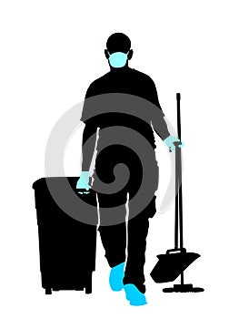 Cleaning man with protective gear, face mask and medical gloves vector silhouette. Floor care service with washing mop sterile.