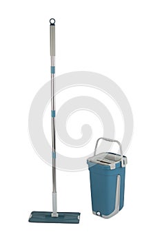 Cleaning mop and blue bucket isolated on white