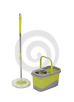 Cleaning mop and green bucket isolated on white