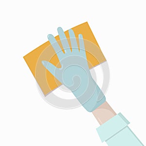 Cleaning napkin in the hands of a houseworker. Wipe with a cloth, microfiber, blue gloves.