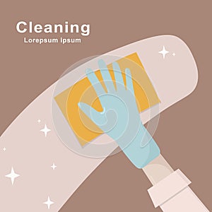 Cleaning napkin in the hands of a houseworker. Wipe with a cloth, microfiber, blue gloves. Work at home. Vector