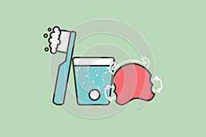 Cleaning orthodontics teeth retainer or dental brace bracket by effervescent tablet, toothbrush and toothpaste - tooth cartoon