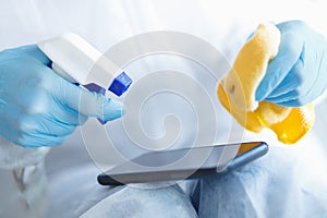 Cleaning Phone screen Disinfection is wiped, removes coronavirus microbes with antibacterial wet wipes for prevention of