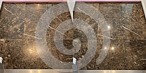 Before and after, cleaning polishing and restoring natural marble floor