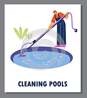 Cleaning pools service operation banner or card design flat vector illustration.