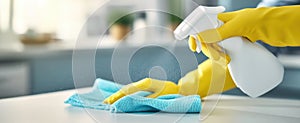The cleaning process with spray bottle and microfiber cloth in the kitchen..AI generated image