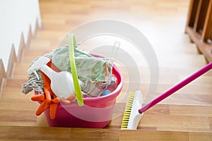 Cleaning product in bucket prepare for clean a stair