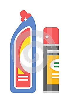 Cleaning product detergent plastic bottles and spray bottle isolated cartoon flat vector on white background.