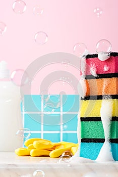 Cleaning product mockup. Kitchen table counter with copy space background