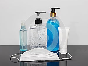 Cleaning product such as hand sanitizer alcohol gel , portable alcohol spray , alcohol gel in a pump bottle , hygienic mask