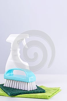 Cleaning product tool equipments, concept of housekeeping, professional clean service, housework kit supplies, copy space, close