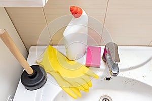 Cleaning products, agents, gloves plunger tj clean clogged sewer, drain and sponge for washing dirty faucet with limescale,